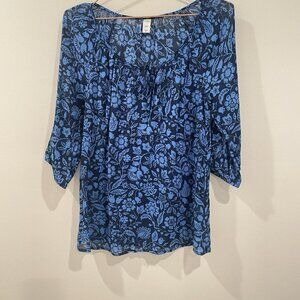Old Navy Tie Keyhole Blue Floral Lightweight 3/4 Sleeve Blouse Size Small S